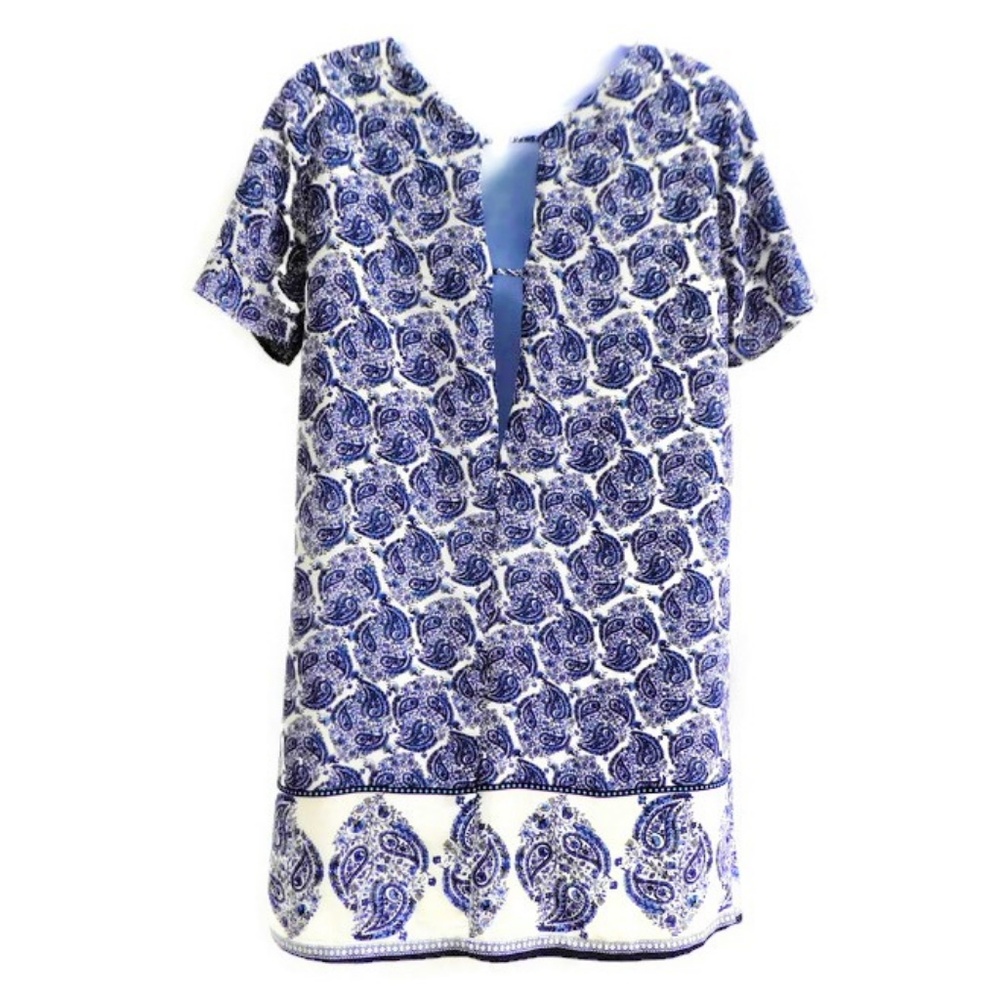 Lulus Shift Dress Taj Majal Tour Blue Print Border Hem Short Sleeve Lined USA M - Picture 4 of 7